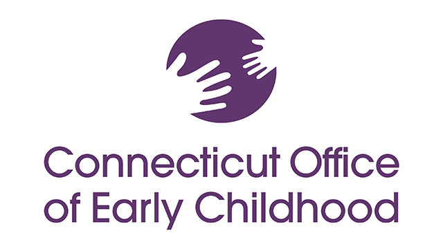 Connecticut Office of Early Childhood Logo, purple circle with two white hands reaching towards each other with purple title text.